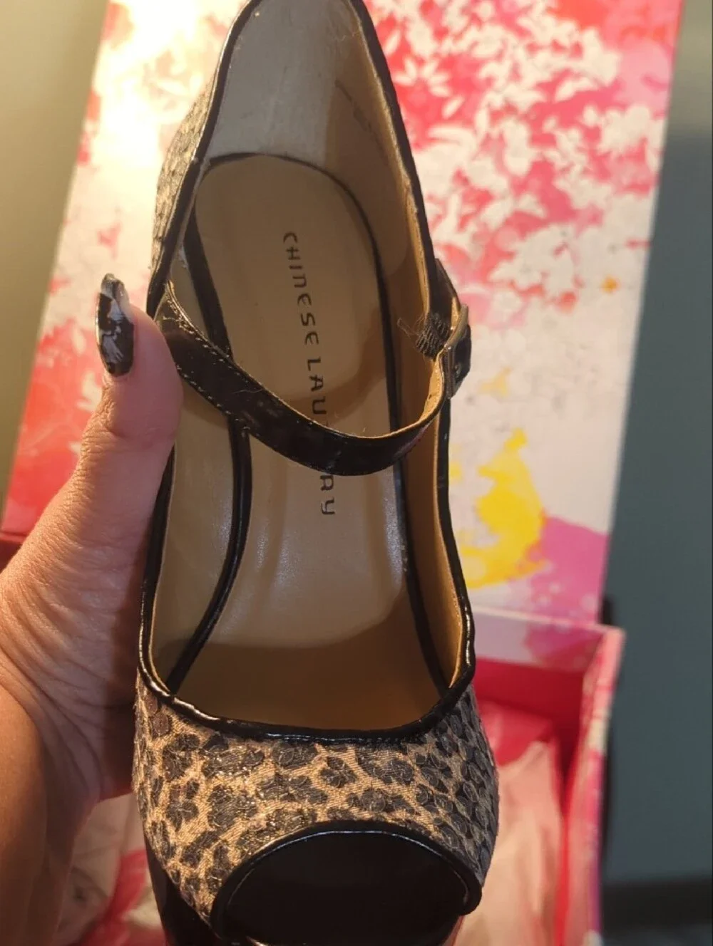 Chinese Laundry Leopard Sequin Mary Jane Platform Pumps in Black and Gold